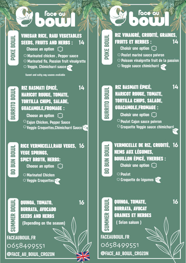 Carte 2025 du restaurant poke bar Face au Bowl Crozon Morgat 